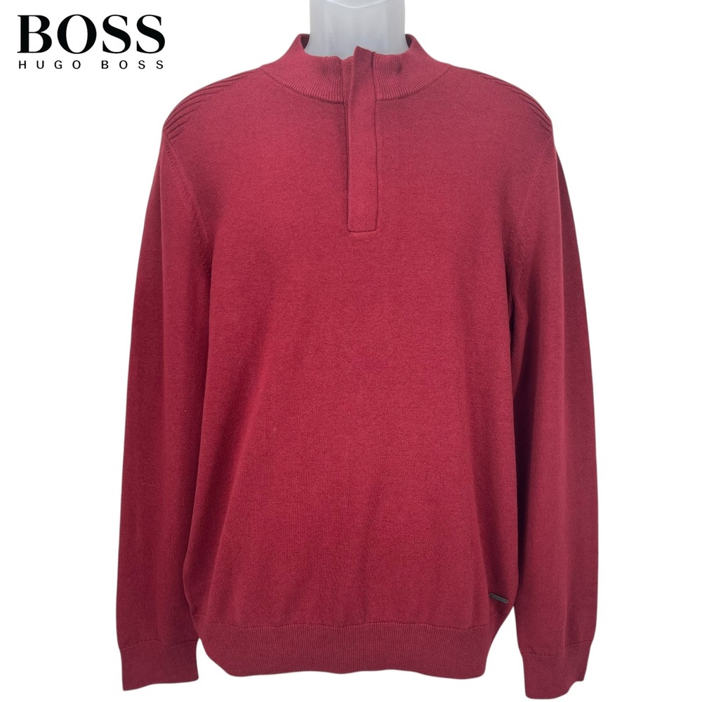 Boss Hugo Boss Men's Large Maroon 1/4 Quarter Zip Pullover‎ Sweater Cotton Wool